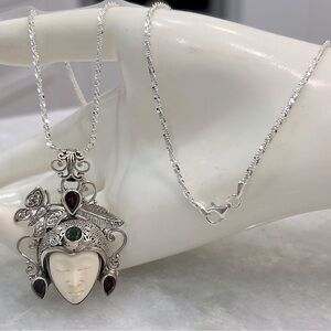 Multigemstone Carved Bone Sterling Silver Nature Accent Pendant Necklace